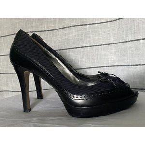 Marc Fisher Black / Blue Pinstripe Bow-Toe Heels